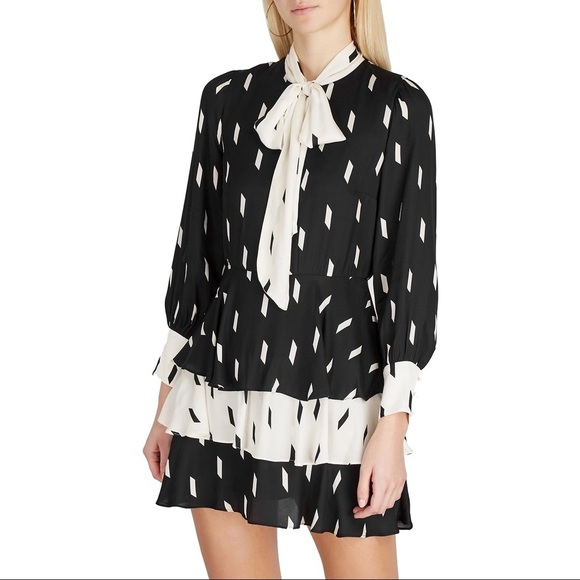 Alice + Olivia Dasha Bow Tie Tiered Printed Crepe Mini Dress - Size 2 - Picture 7 of 7